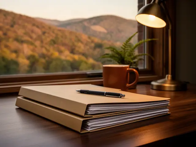 A neat stack of closed manila folders and a pen on a desk by a window.